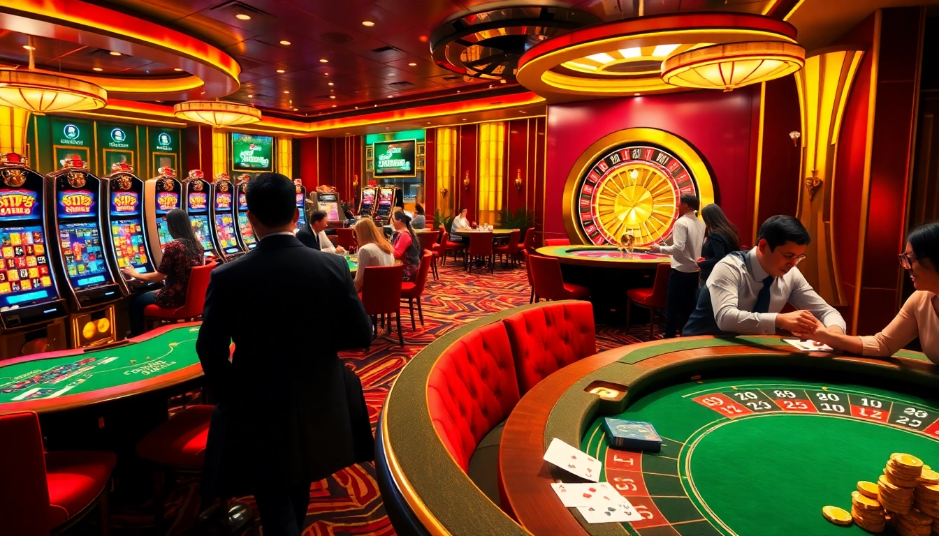 SIN88 players engaging at a lavish casino table with vibrant slot machines and roulette.