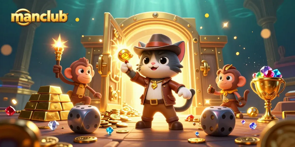 Experience thrilling moments at manclub with a cat explorer and monkey companion discovering casino treasures.