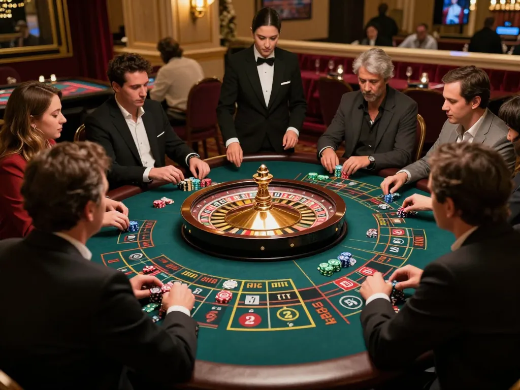 VA88 players excitedly betting on a spinning roulette wheel in an upscale casino atmosphere