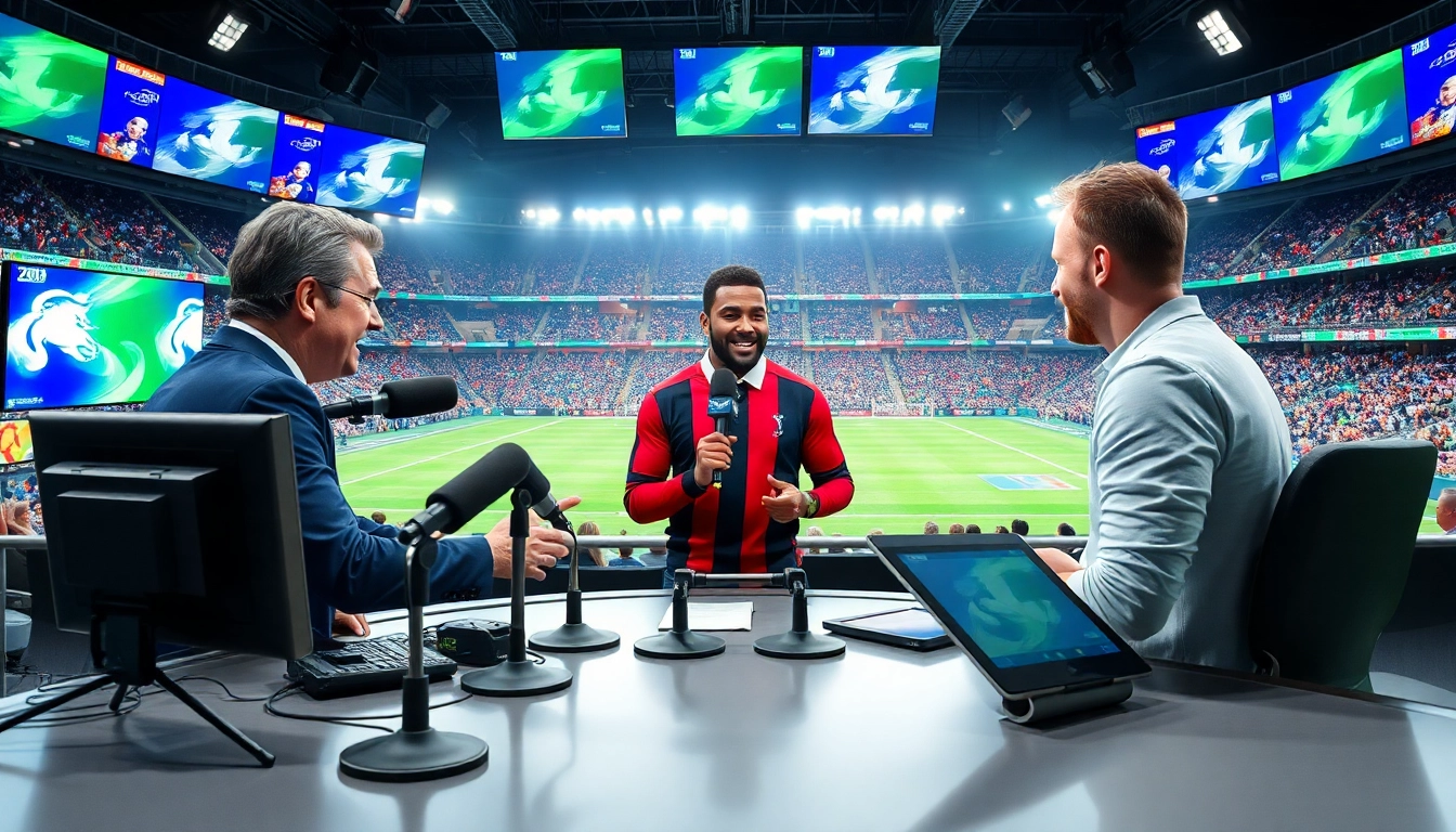 Engaging sports broadcasting interview with vibrant elements and dynamic atmosphere.