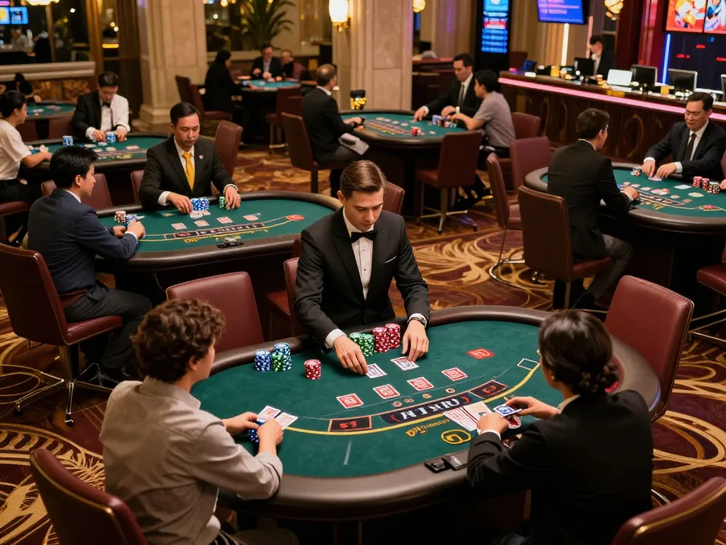 Dabet players engaging in strategic blackjack gameplay at an upscale casino table with professional dealers managing bets