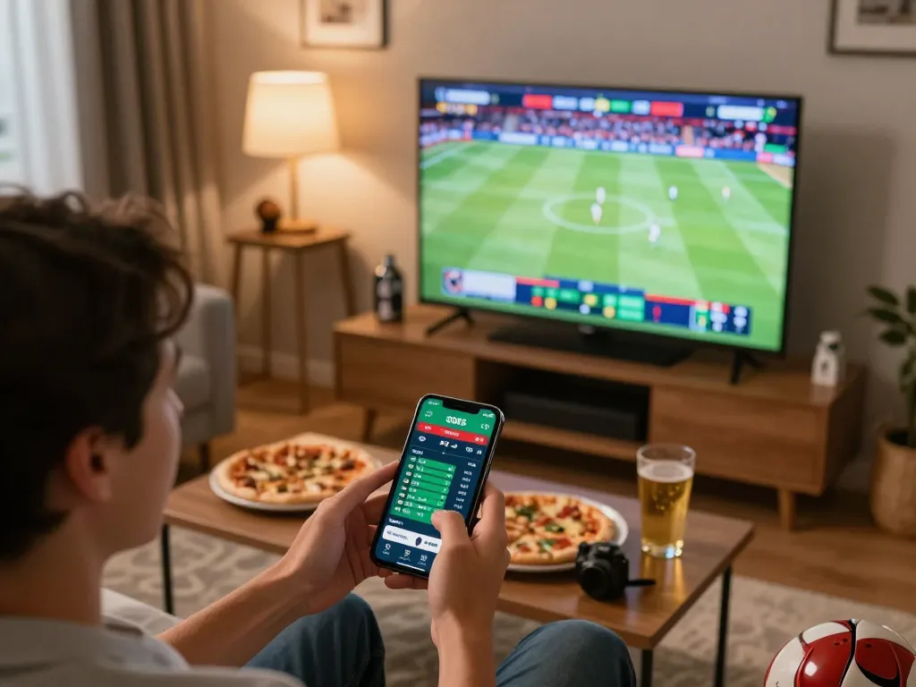 Person engaging with debet sports betting app on phone while watching a live match in a cozy living room.