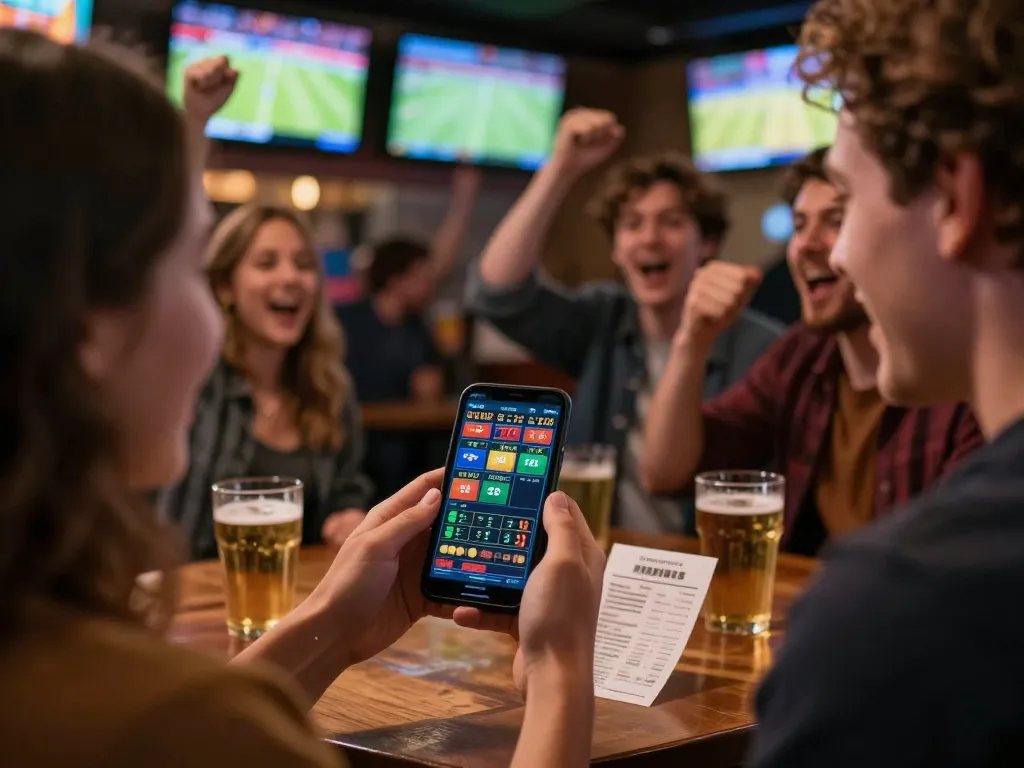 Engaged in Thể thao tx88 sports betting, a person celebrates a winning bet at a lively sports bar.