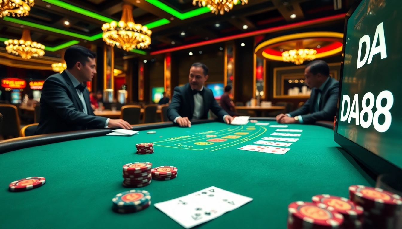DA88 logo displayed at a luxury blackjack table with players enjoying strategic gameplay.