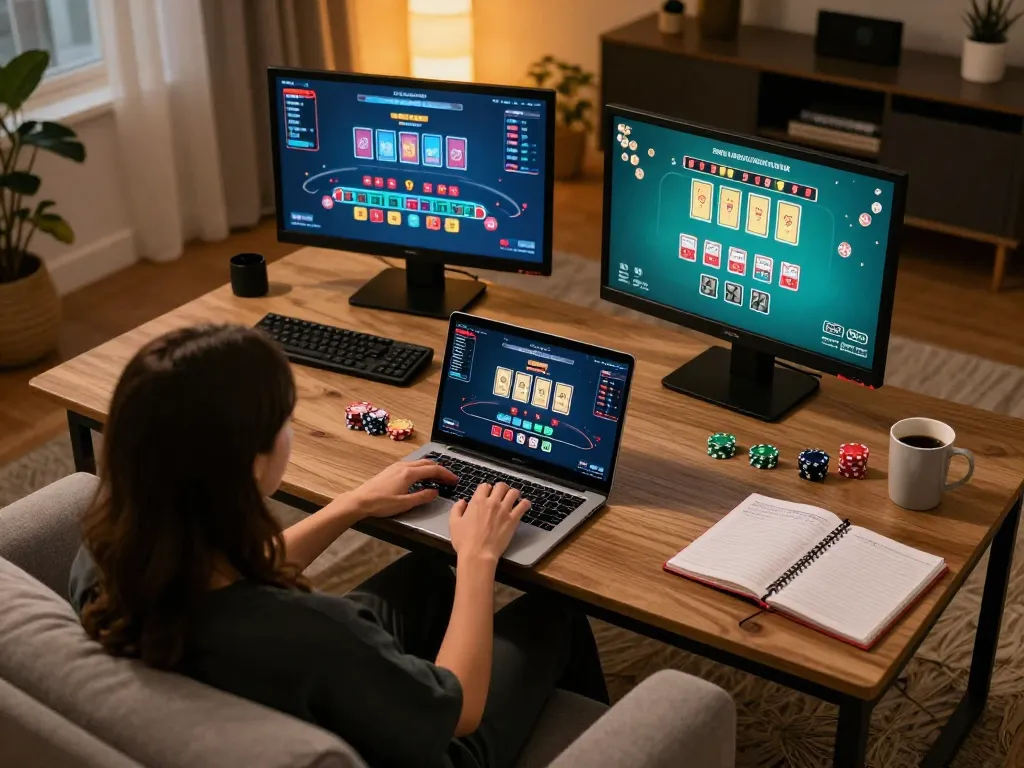 Person enjoys blackjack on 98win's platform via laptop in cozy home setting