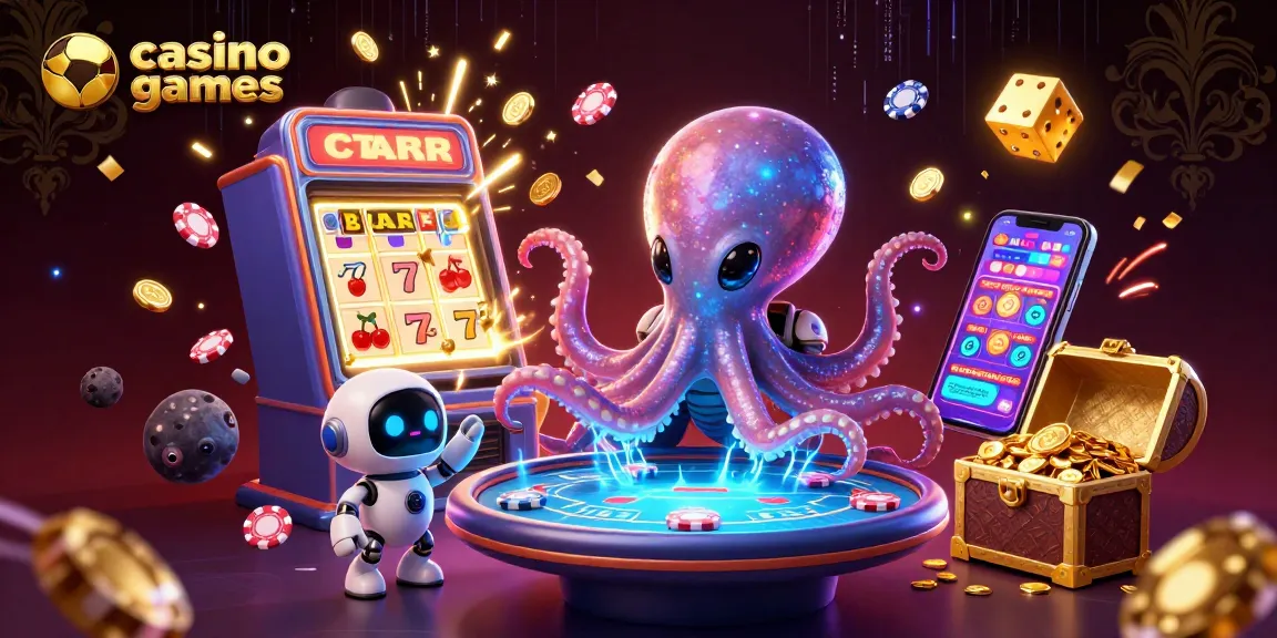 Engage with exciting casino games featuring a vibrant scene with a 3D alien octopus and jackpot winning elements.