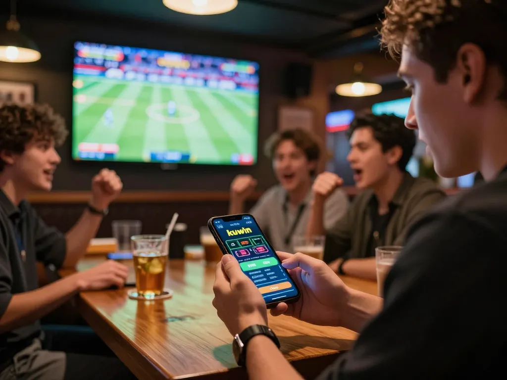 Kuwin user placing live sports bets on smartphone in a vibrant sports bar atmosphere.