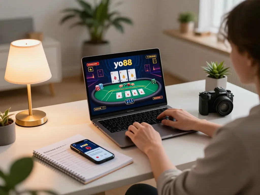 Player enjoying yo88 online poker with strategic notes at a cozy gaming setup