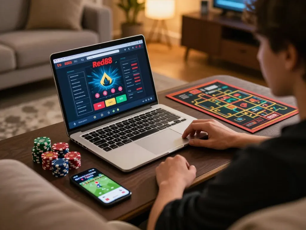 Engaging online gaming session on red88 platform with a focused gambler at home