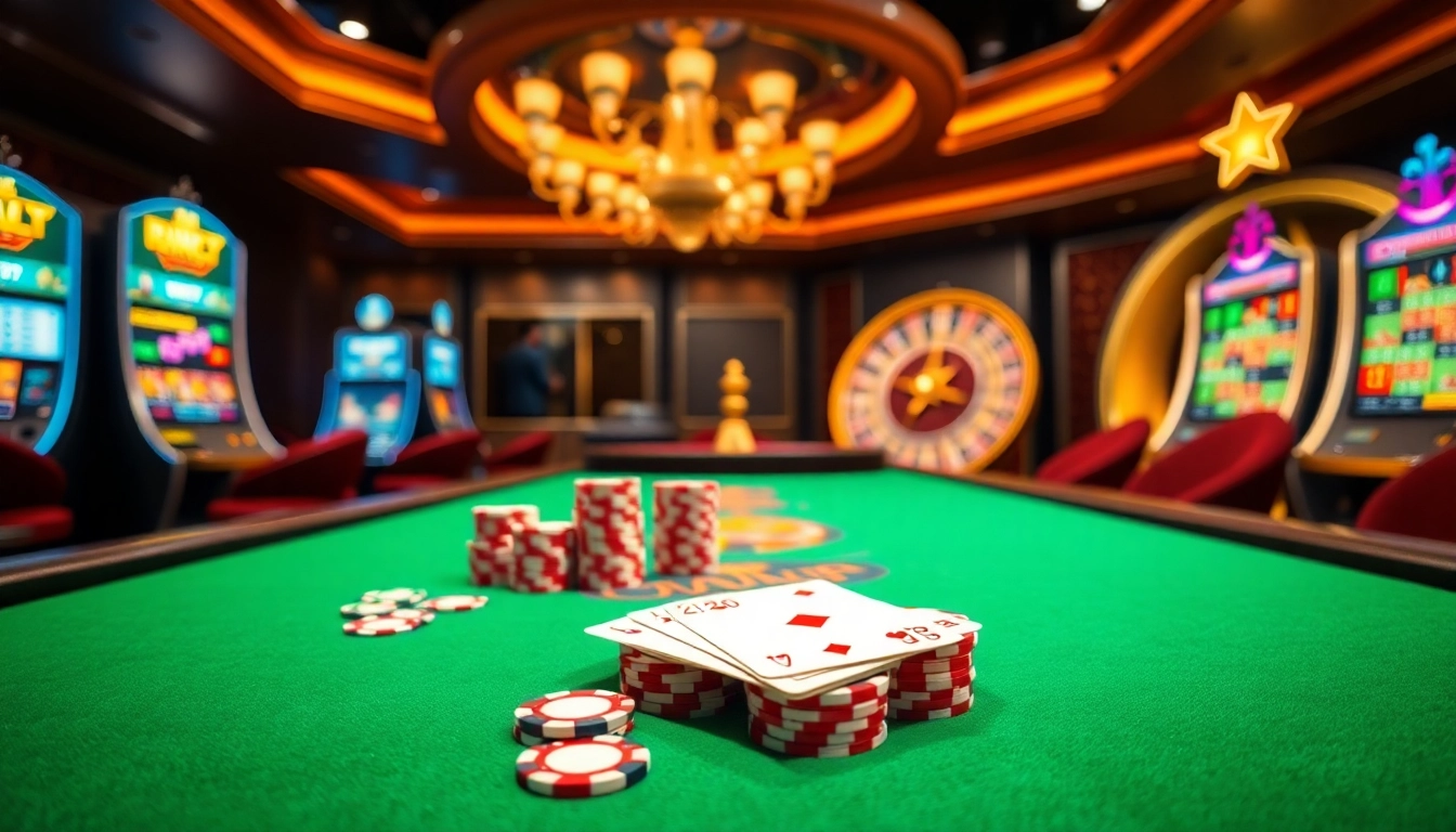 Scene showcasing the vibrant excitement of online gambling at https://max88.bz/ with luxury casino elements.
