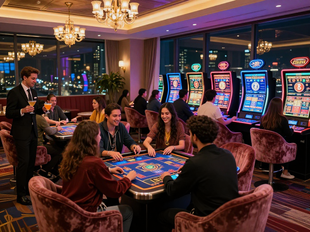 Players enjoying a crypto casino experience with digital games and city skyline views.