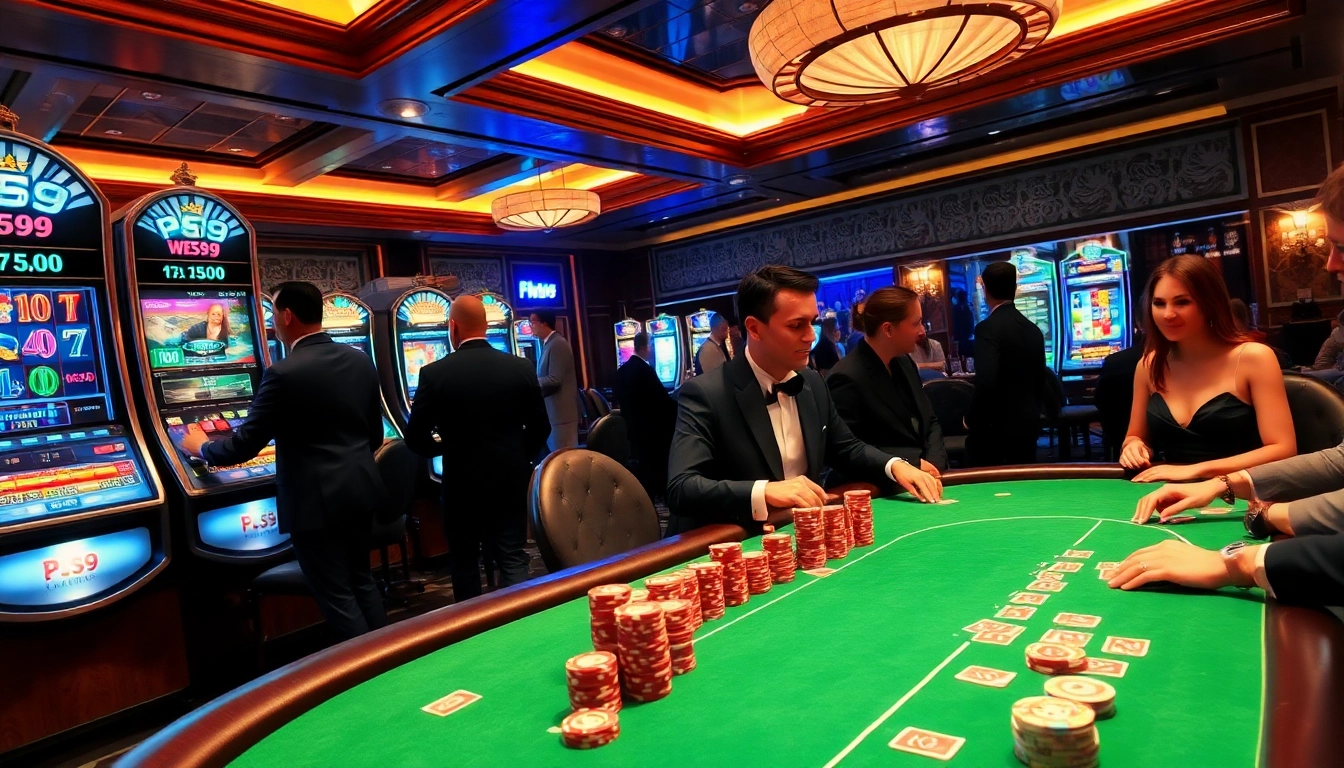 Experience the thrill of PS99 at a luxurious casino featuring poker tables and vibrant slot machines.