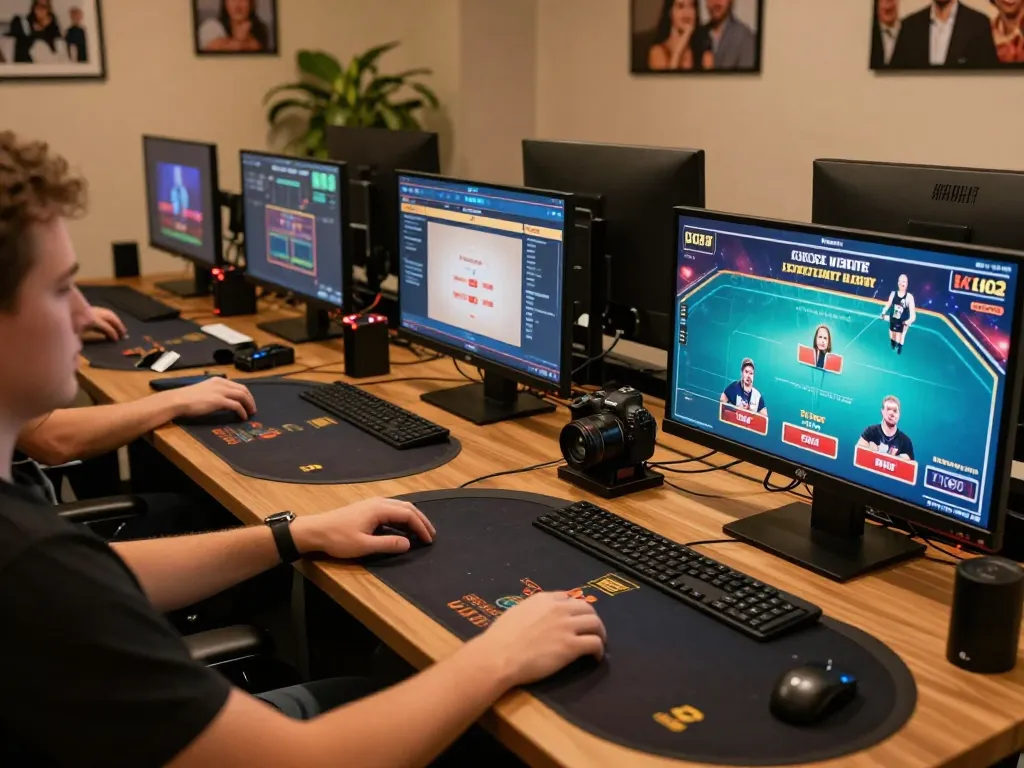 LAPAK303 online poker gameplay in an inviting home setting with multiple screens and strategic gaming accessories.