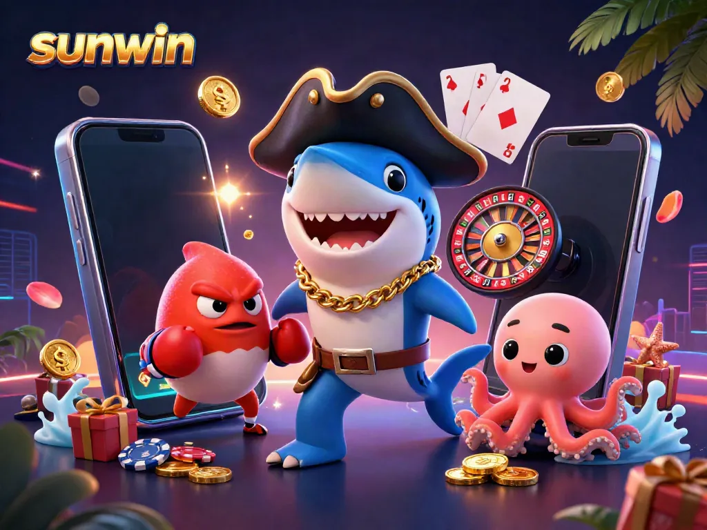 Join the fun with sunwin while a pirate shark and friends celebrate big wins in a vibrant casino.
