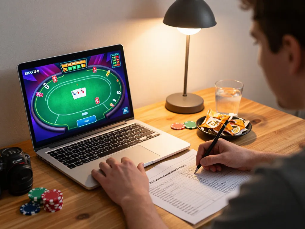 RR88 player engaging in strategic online poker gaming, focused on bankroll management.
