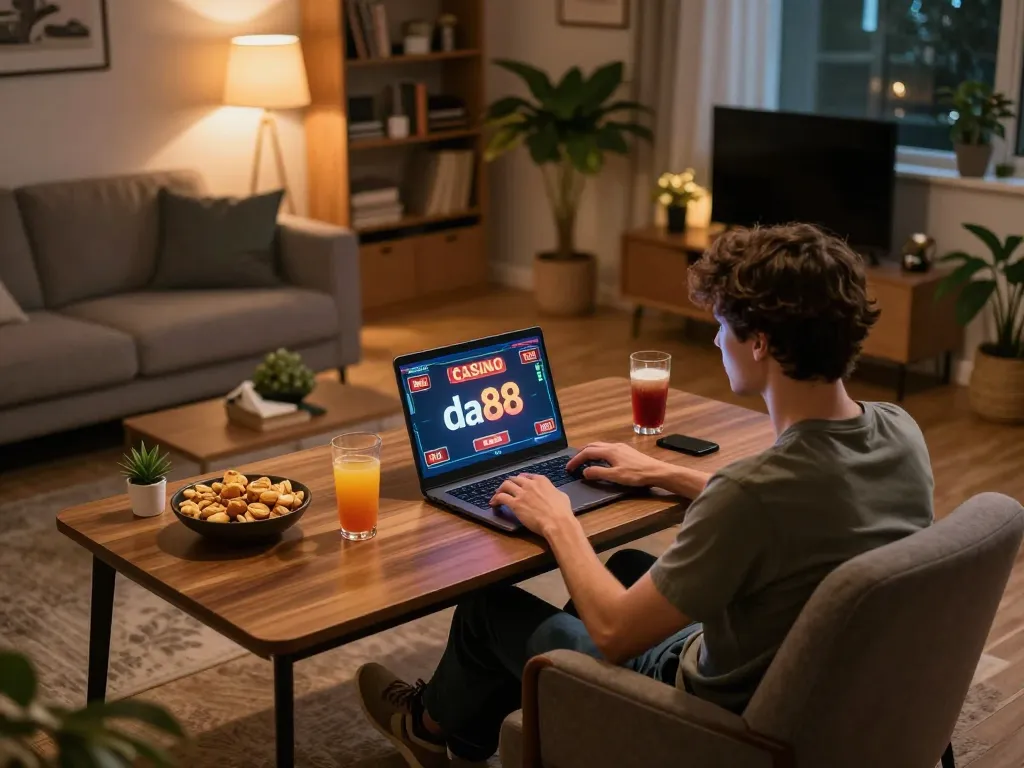 Engaged player enjoying Casino da88 on laptop, cozy gaming setup with snacks in warm lighting.