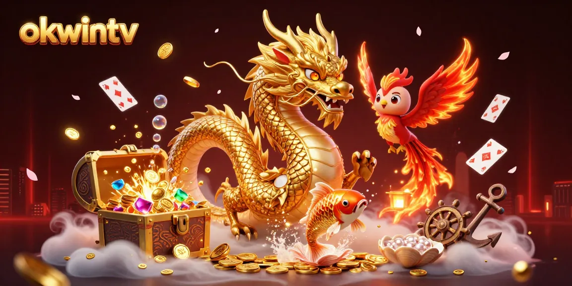 okwintv showcases a dynamic scene with a fierce golden dragon and gaming elements amidst coins.