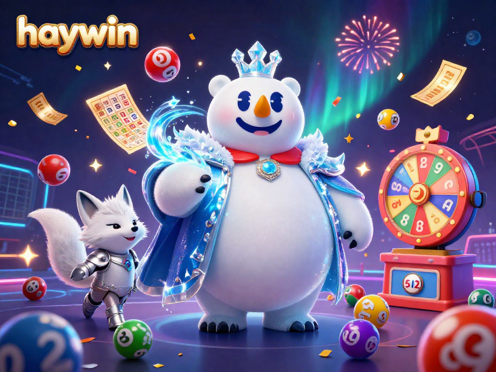 Experience excitement with Haywin's polar bear and snow fox amidst vibrant lottery elements.