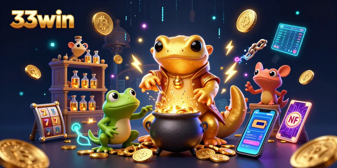 Engage with 33win's vibrant casino scene featuring a golden salamander alchemist and crypto elements.