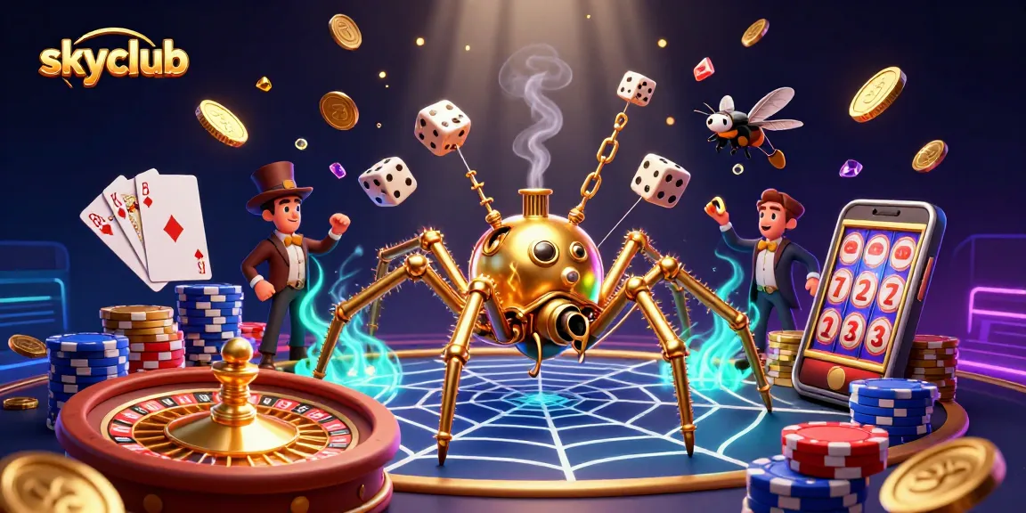 Catch lucky wins at skyclub with stunning 3D casino action featuring a steampunk spider and gem-filled gameplay.