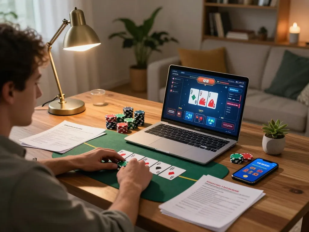 Player enjoying poker action on a laptop while using the sky88 platform, surrounded by strategic notes.