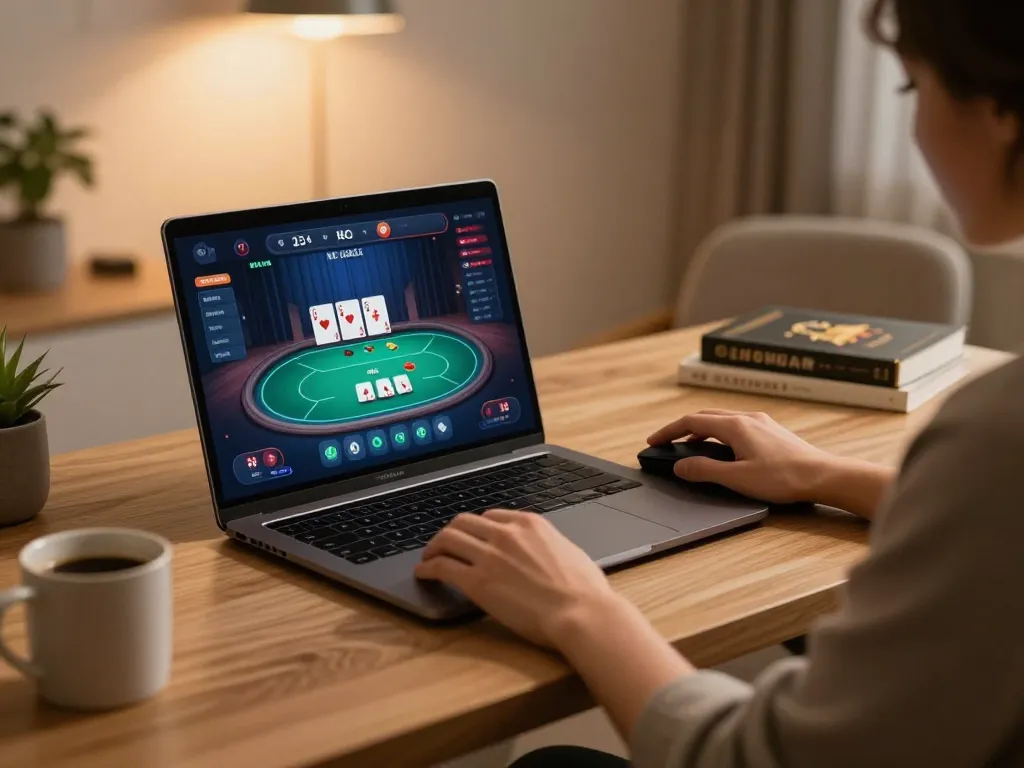 Engaging with okfun's online poker game on a modern laptop setup, emphasizing strategic gameplay.