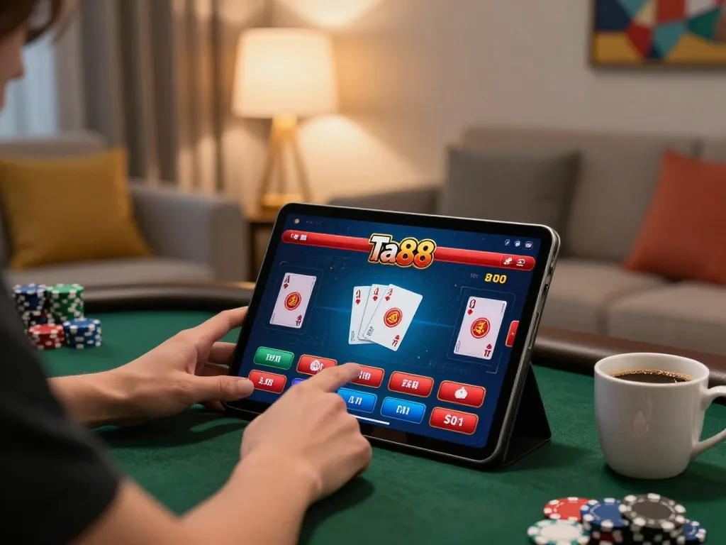 Person playing poker on ta88 online casino tablet in a cozy living room setting with warm lighting.