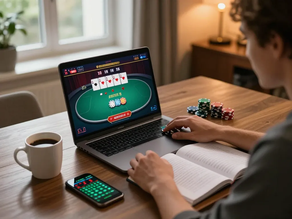 The player utilizes debet for an engaging online poker session, highlighting strategy and cozy home ambiance.