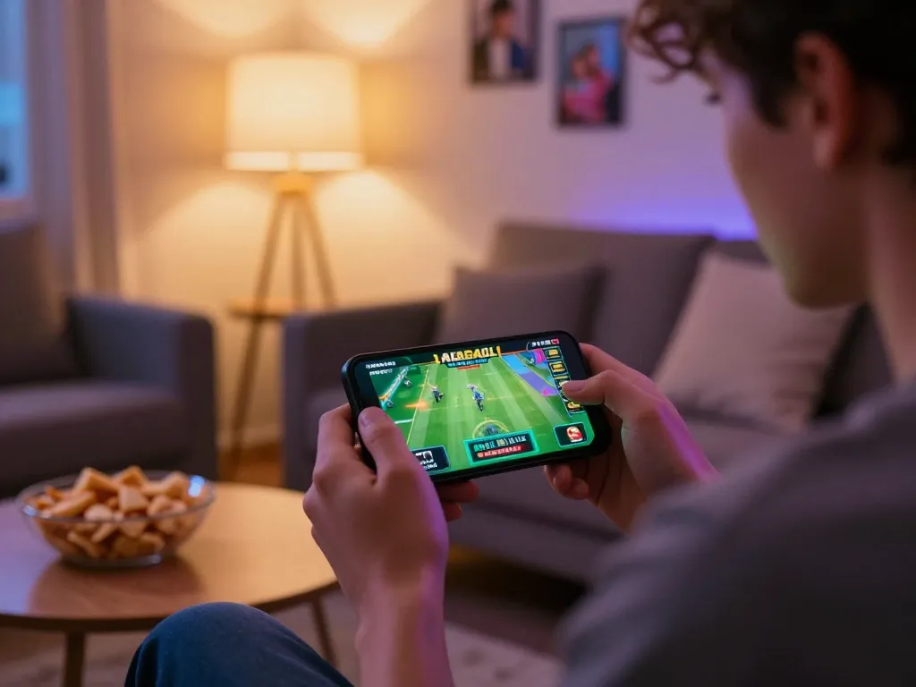 Engaging with the fun88 mobile app in a cozy living room enhances online sports betting excitement.