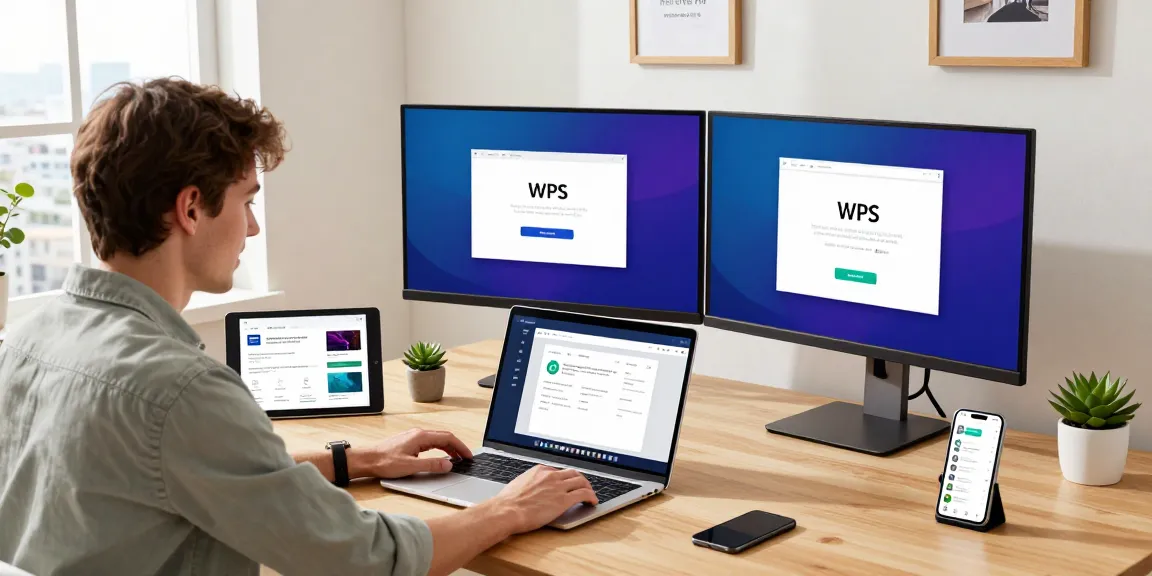 Exciting WPS Download experience in a modern home office setup with laptop, tablet, and vibrant interface.