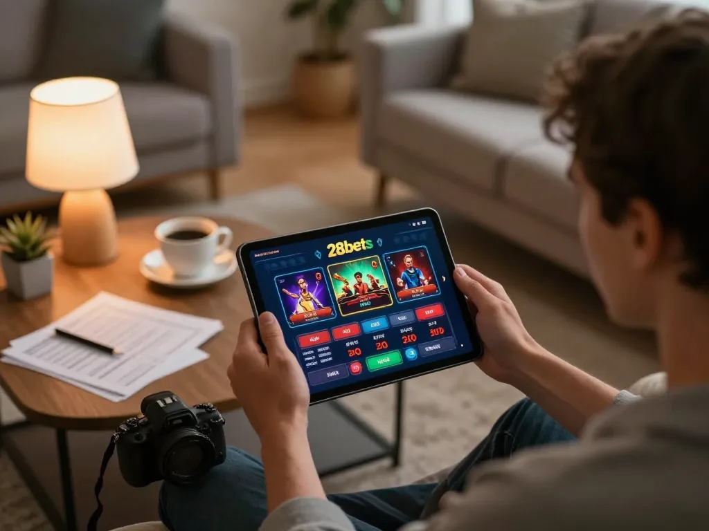 A person engaged in 28bets online gaming at home with a tablet and strategy notes, cozy atmosphere.