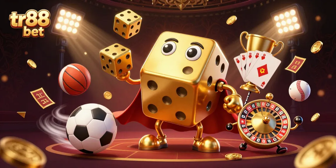 Play exciting casino games at tr88 bet with dynamic illustrations of golden dice and sports elements.