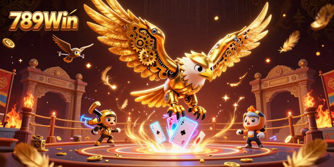 Experience the thrill of 789Win with a cybernetic eagle soaring through vibrant casino elements.