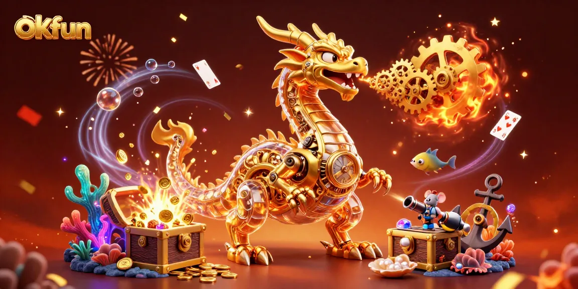 Experience the thrill of okfun with vibrant games and golden treasures in this dynamic 3D illustration.
