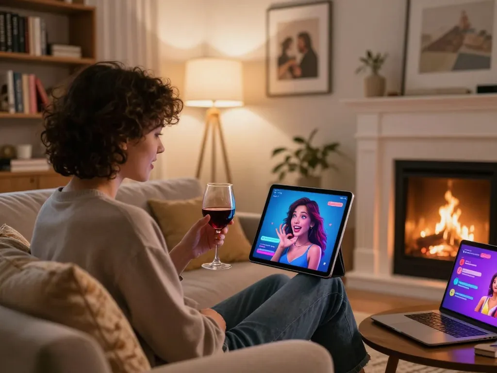 Warm digital chat experience showcasing sexting ai interaction in a cozy home setting.