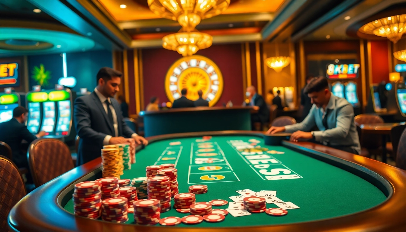 Exciting gambling scene showcasing 8KBET poker action with vibrant colors and detailed casino elements.