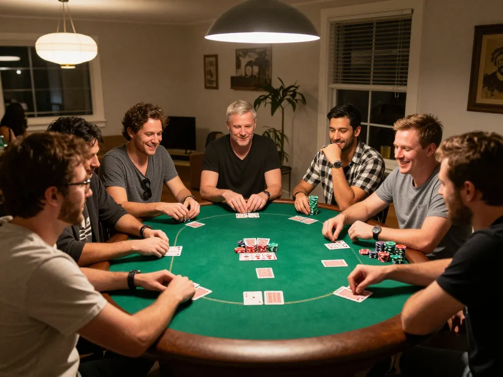 Mẹo lô đề at a lively home poker night with friends enjoying social gaming strategies and interactions.