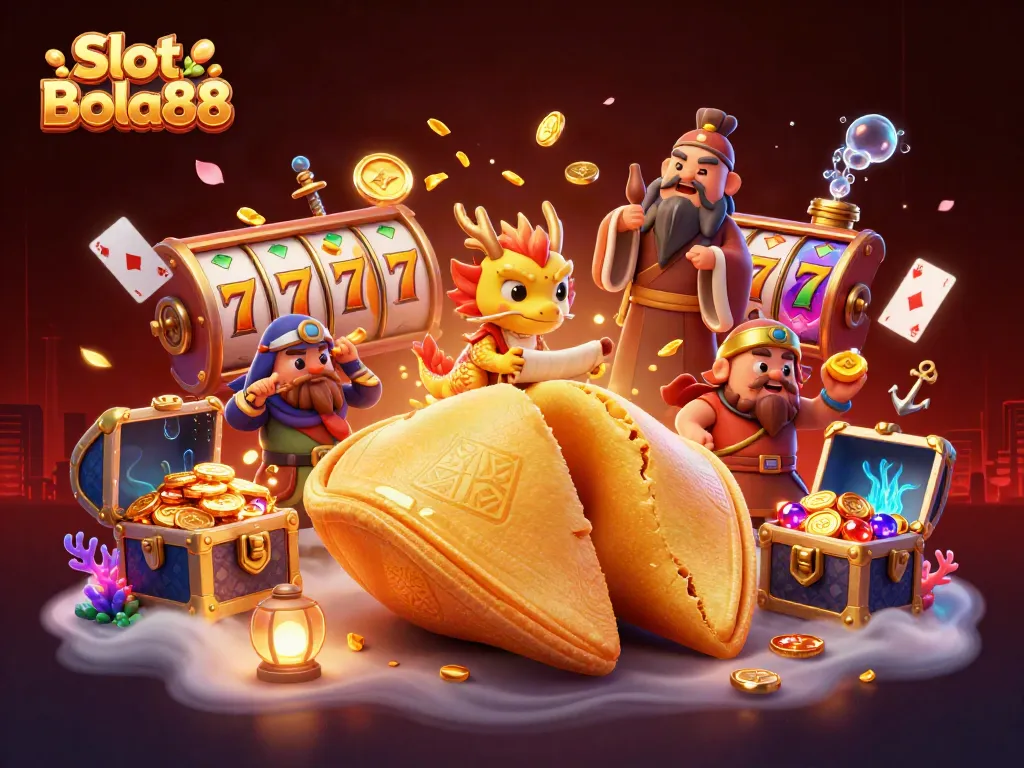 Engage with Slot Bola88's vibrant slot gaming world featuring dynamic characters and rich treasures.