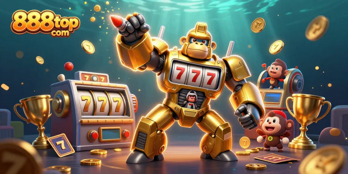 Join the excitement with 888top com's golden gorilla mech amidst bursting coins in a vibrant casino scene.