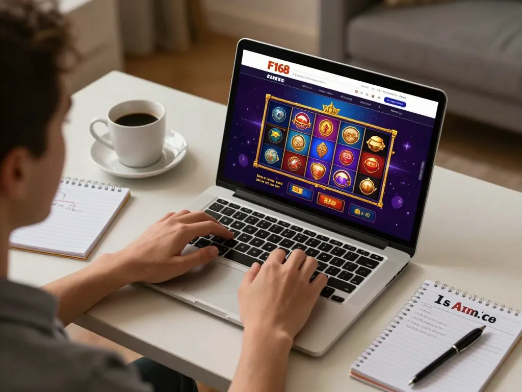 F168 online gambling experience at home, player actively engaged with laptop and strategy notes.