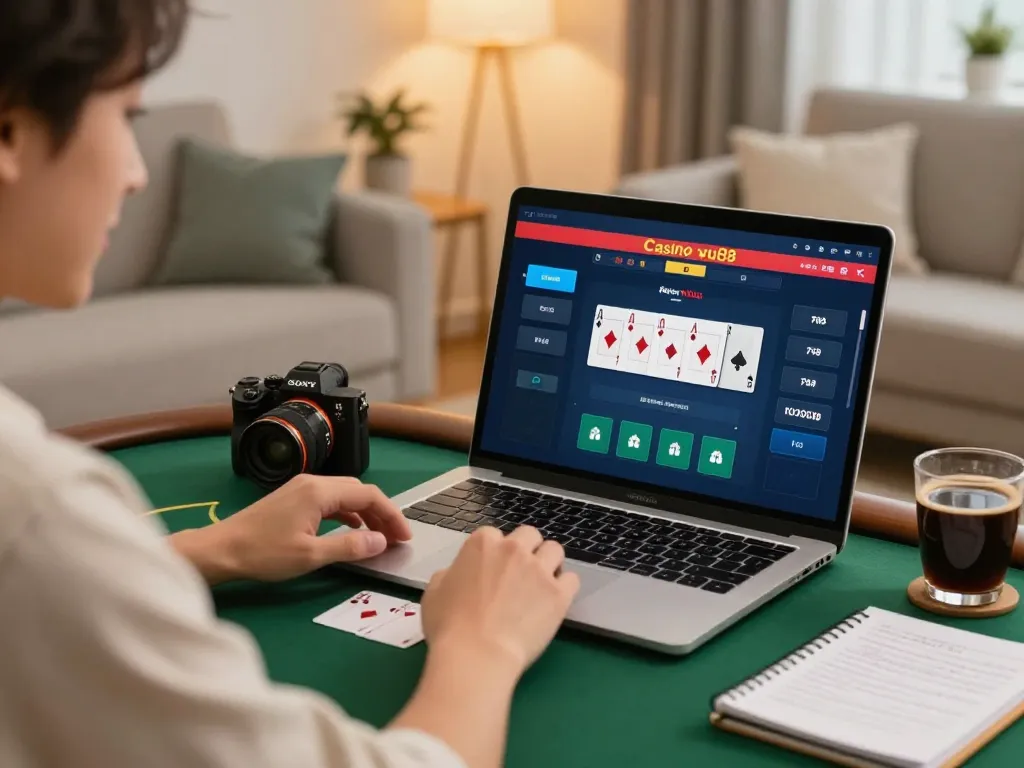 Engaging poker gameplay at home showcasing Casino vu88 on a laptop with strategy notes