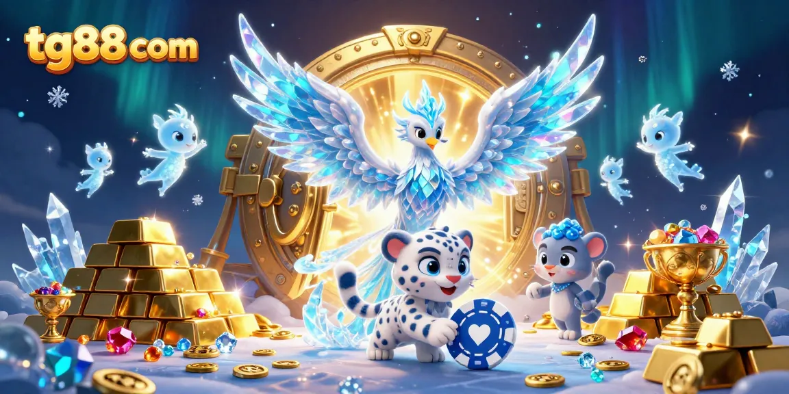 Engage with excitement at tg88 com, featuring a cartoon ice phoenix and treasures of a vibrant casino adventure.