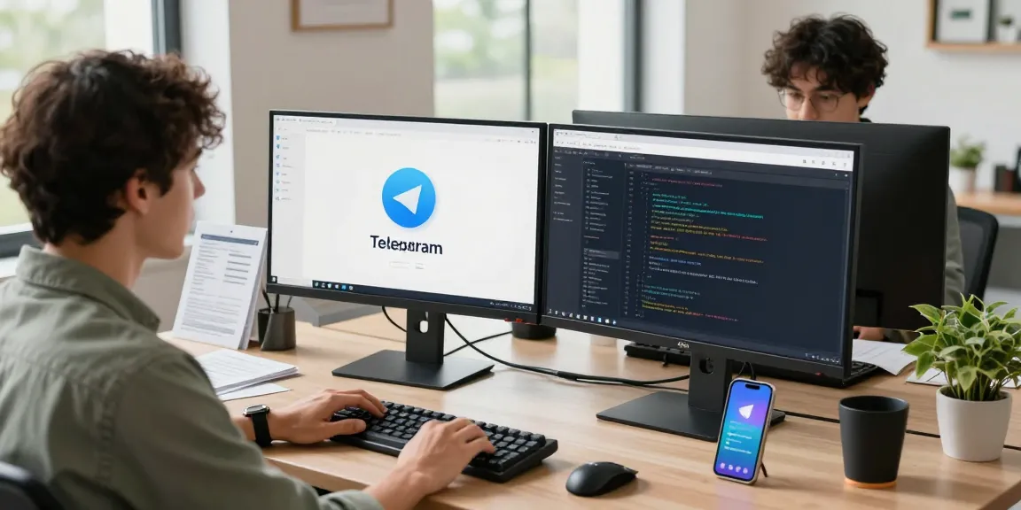 Download Telegram for an innovative messaging experience in a modern workspace featuring engaged developers.