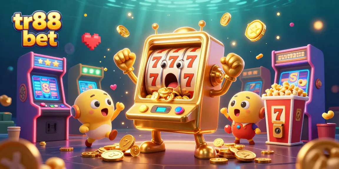 Experience tr88 bet excitement with a joyful golden slot machine celebrating its jackpot in a vibrant casino scene.