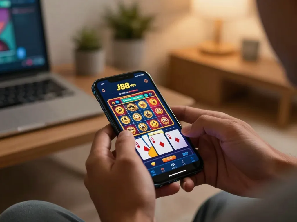 Engaged player using J88vip1 app on smartphone, showcasing vibrant casino game interface in a cozy setting.