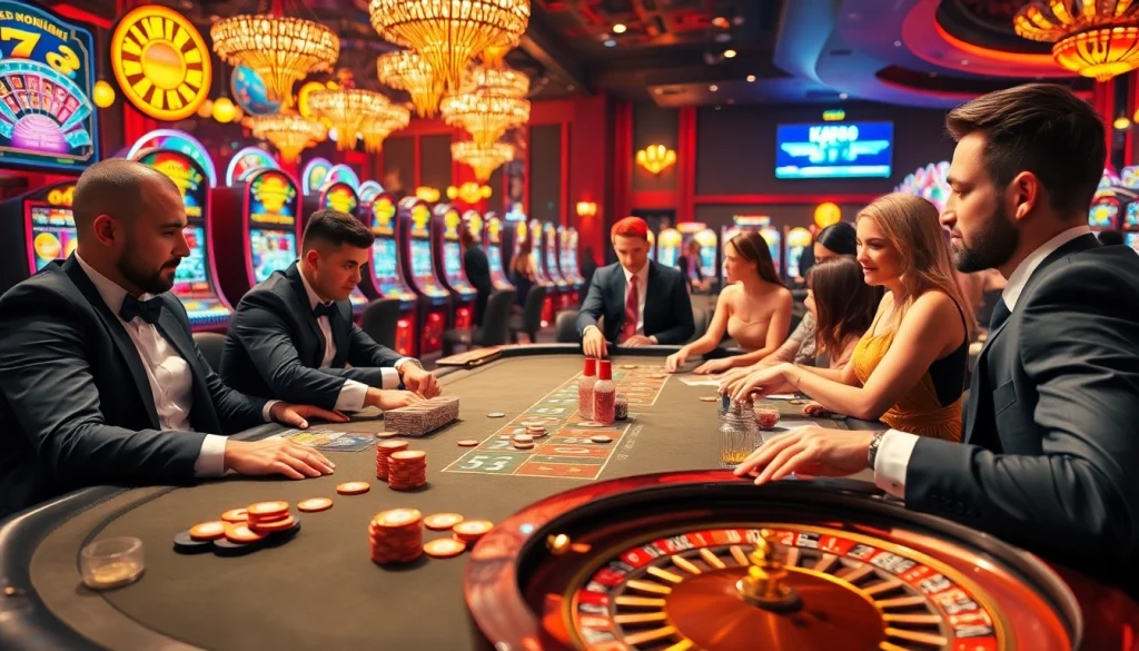 High-stakes gambling scene showcasing kp88 link excitement with poker, roulette, and slot machines.