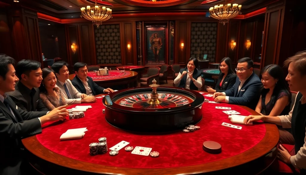 Excited players enjoying games at a nhà cái uy tín casino, with poker chips and roulette.