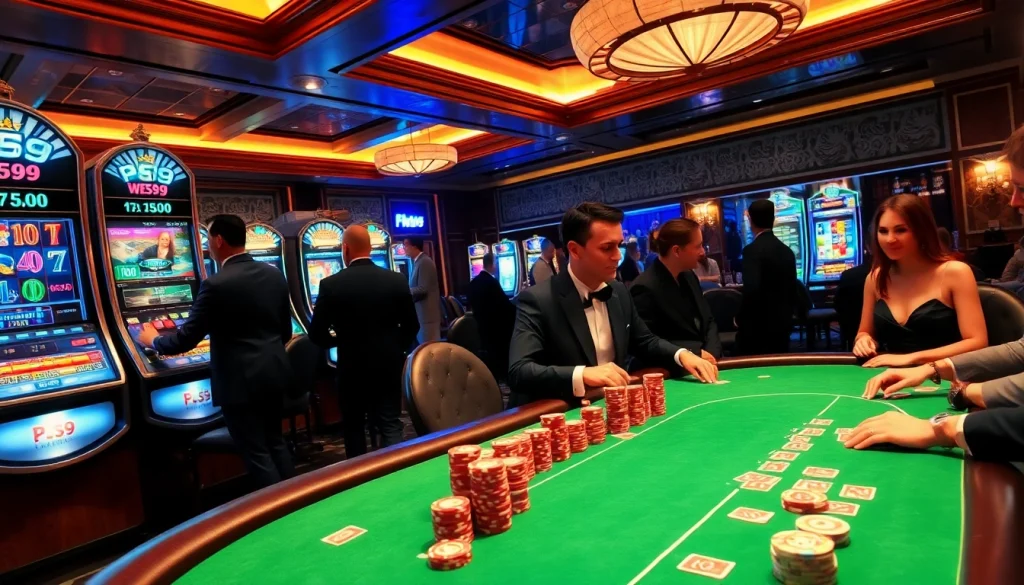 Experience the thrill of PS99 at a luxurious casino featuring poker tables and vibrant slot machines.