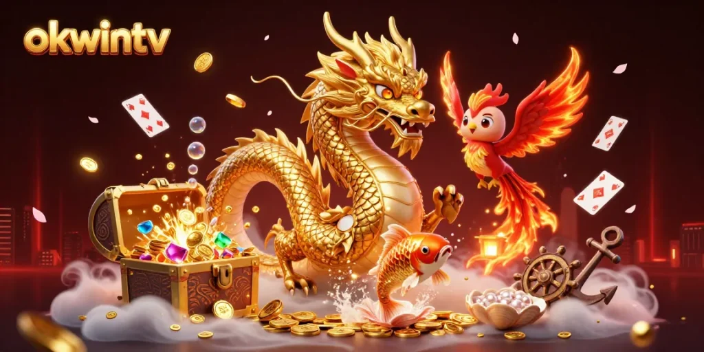 okwintv showcases a dynamic scene with a fierce golden dragon and gaming elements amidst coins.